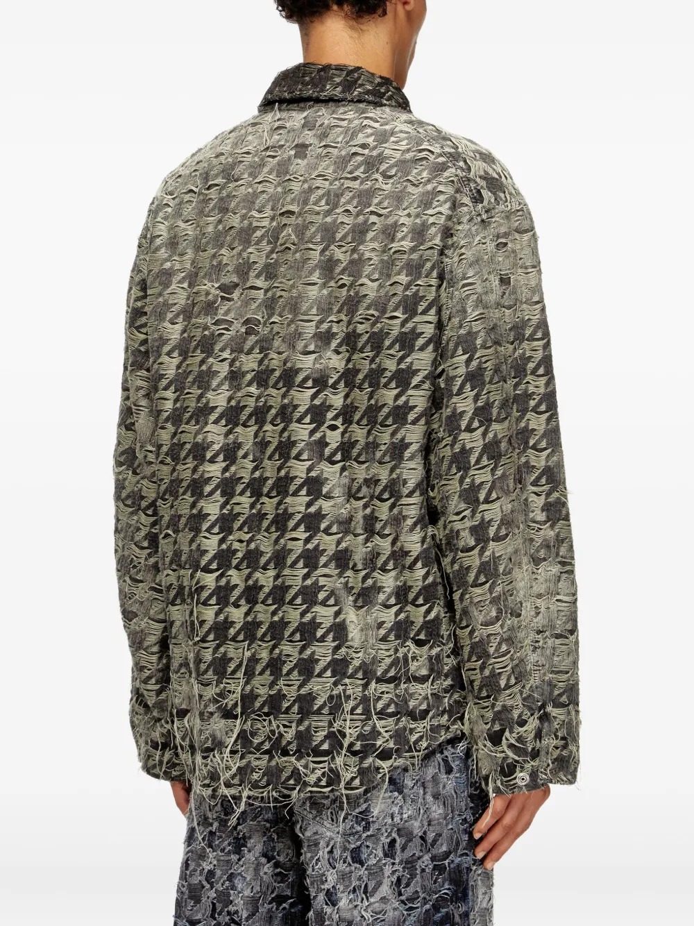 Diesel Houndstooth-pattern Frayed-edges Denim Jacket In Black
