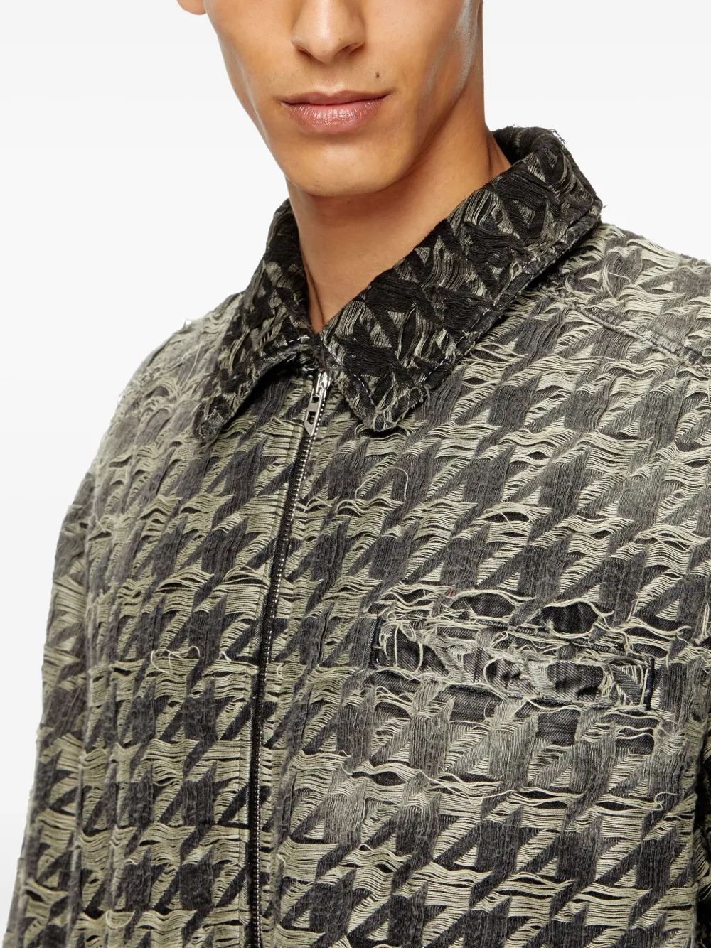 Diesel Houndstooth-pattern Frayed-edges Denim Jacket In Black