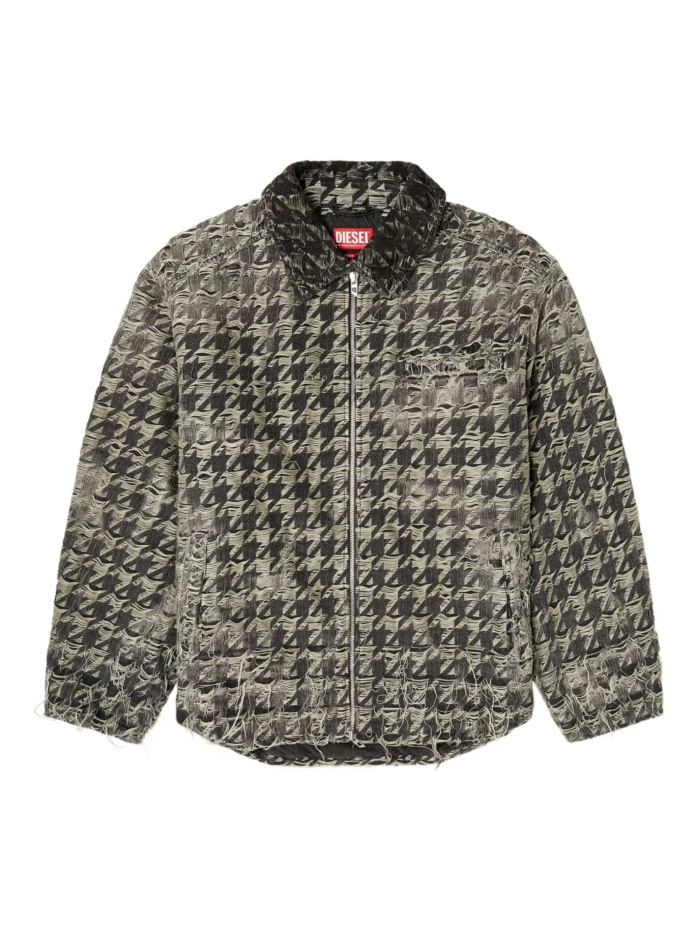 Diesel Houndstooth-pattern Frayed-edges Denim Jacket In Black