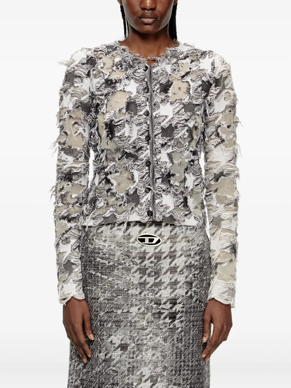 Diesel Devoré-houndstooth-jacquard Cardigan In Multi
