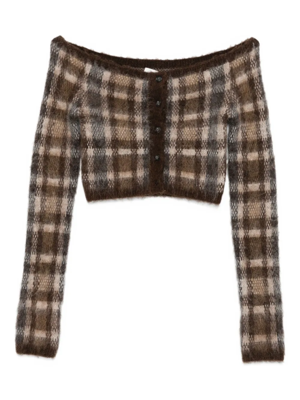 Nanushka Off-shoulder Check Cardigan In Brown