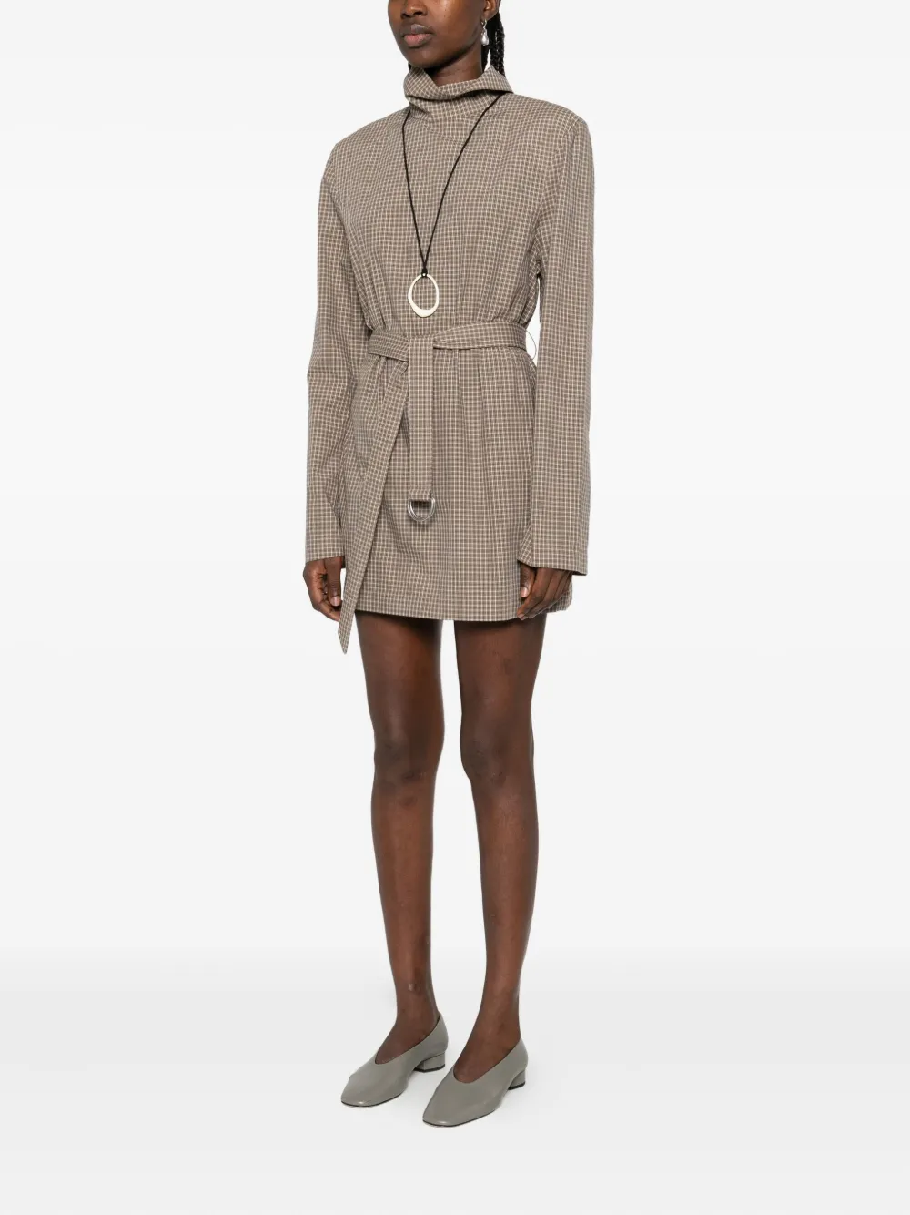 Nanushka Geruite mini-jurk met ceintuur Bruin