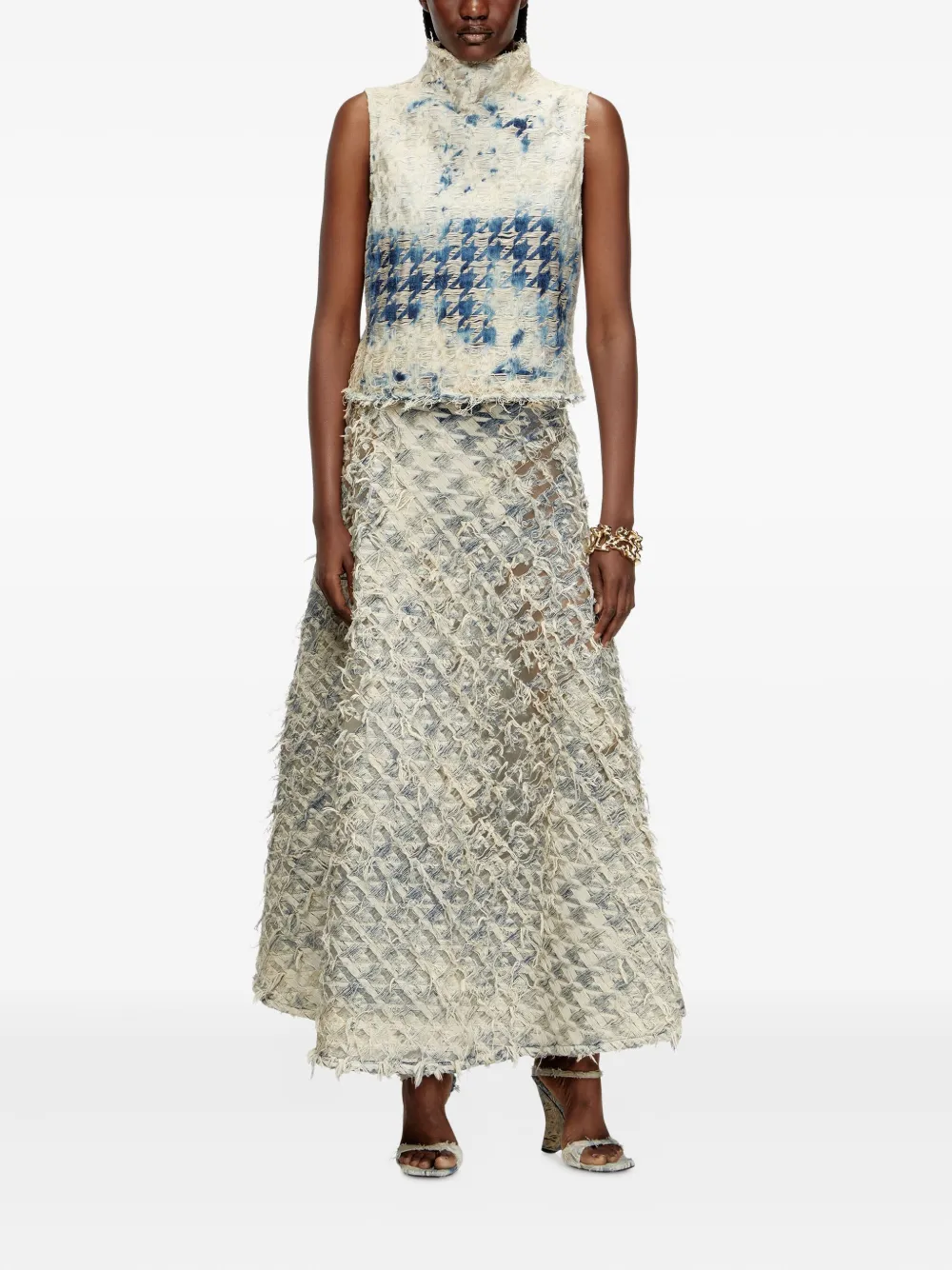 Diesel Denim rok met pied-de-poule print en franje - Blauw