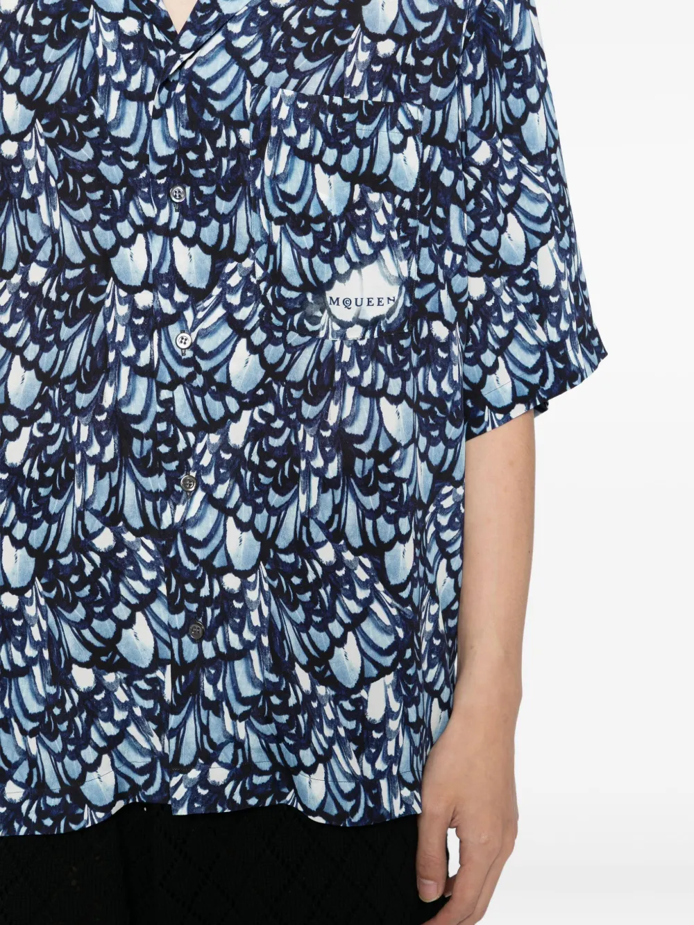 Alexander Mcqueen Mcqueen Feather Print Boxy Camp Shirt In Blue