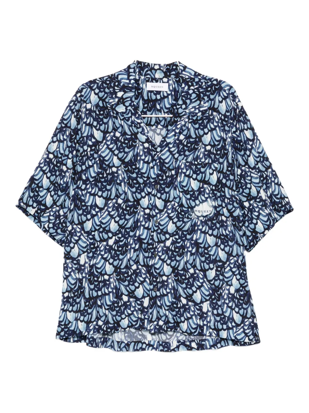 Alexander Mcqueen Mcqueen Feather Print Boxy Camp Shirt In Blue