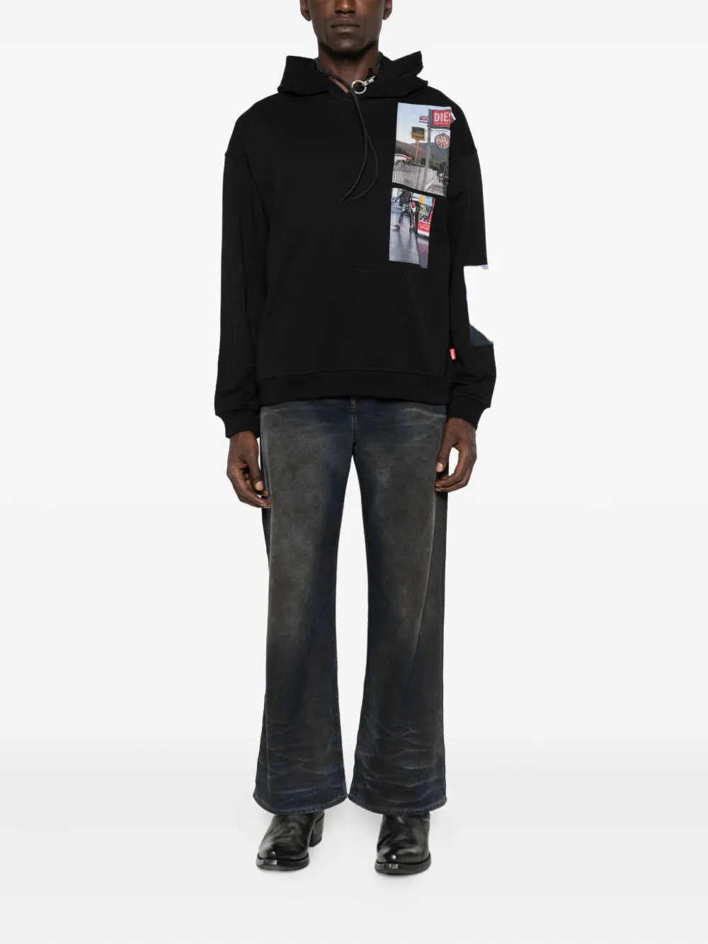 Diesel patchwork-print hoodie Zwart