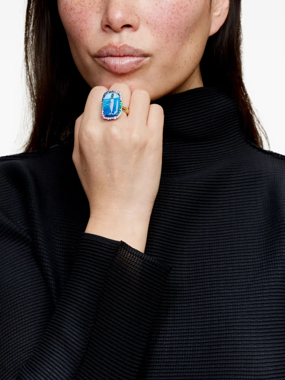 Francesca Villa 18k Yellow Gold Whales At Wonderland Ring In Blue