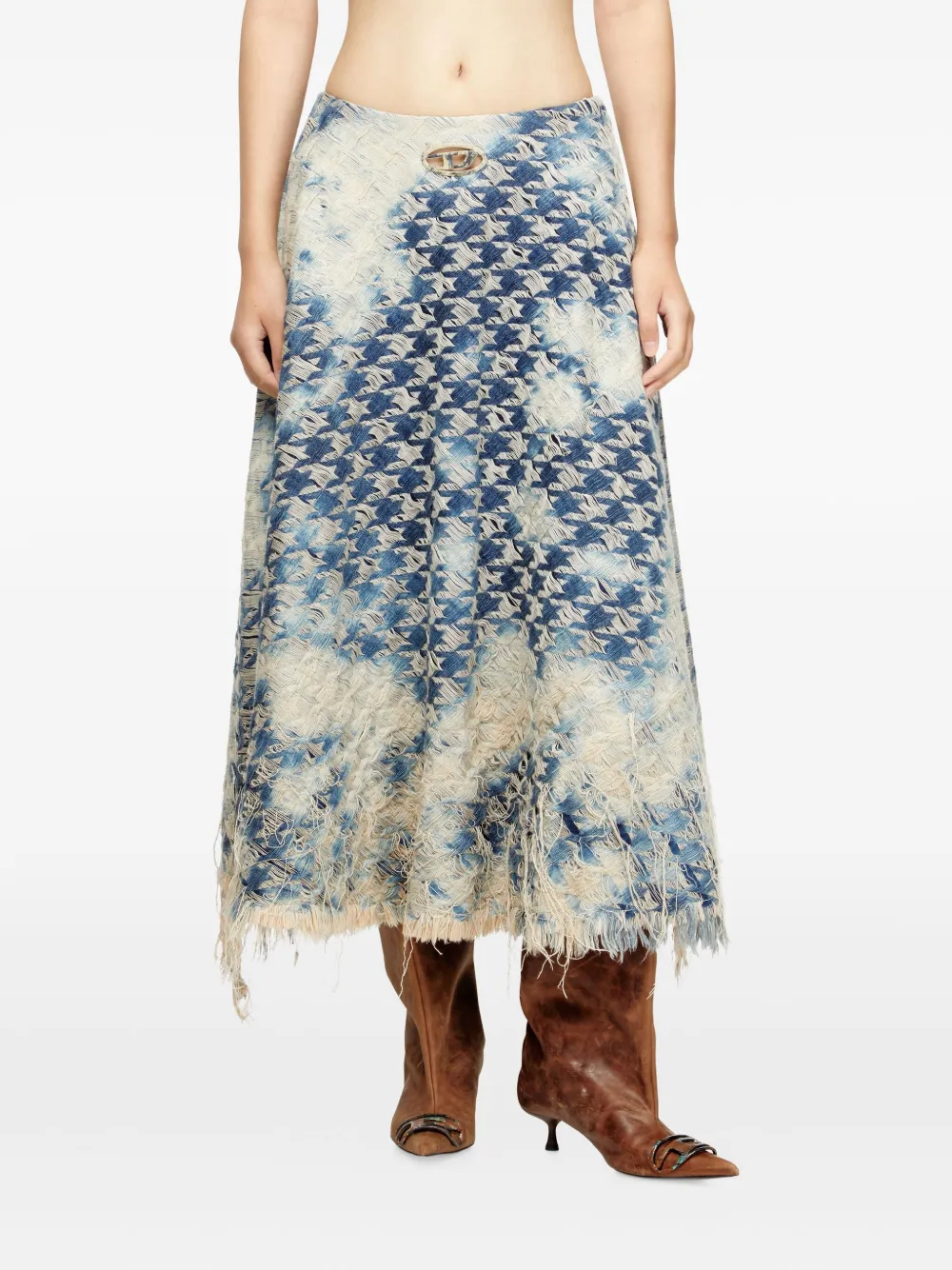 Diesel Midi Skirt In Houndstooth-weave Denim In Blue