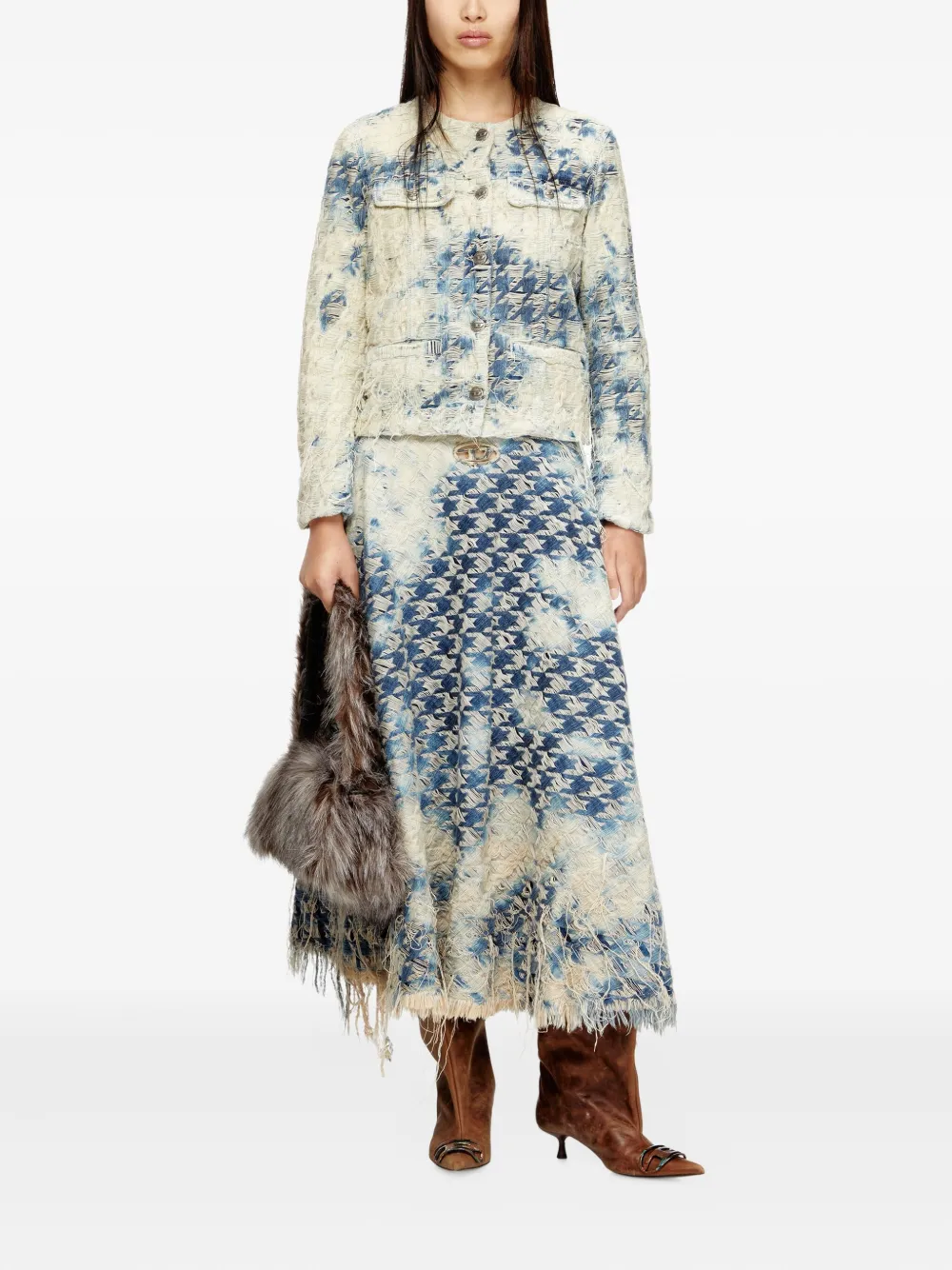 Diesel Denim rok met pied-de-poule print en franje - Blauw