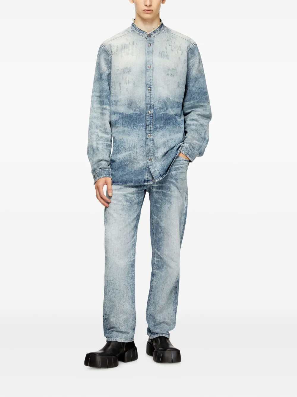 Diesel Denim overhemd met ronde opstaande kraag - Blauw
