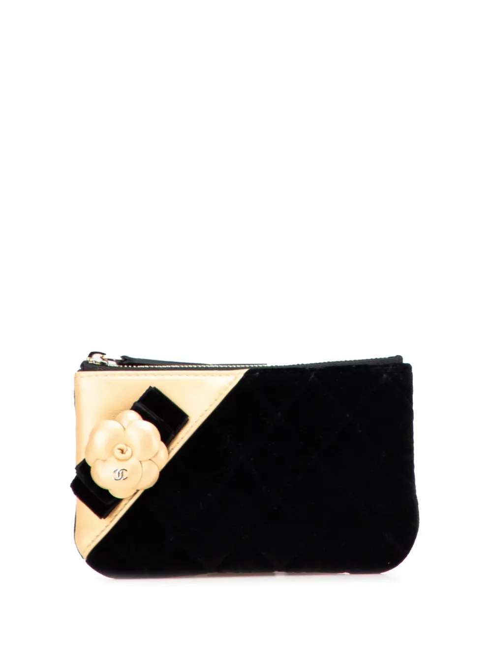 CHANEL Pre-Owned 2017-2018 ココマーク マトラッセ ベルベット カメリア ポーチ - ブラック CHANEL Pre-Owned 2017-2018 ココマーク マトラッセ ベルベット カメリア ポーチ - ブラック