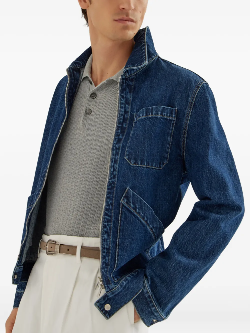 Brunello Cucinelli rib-knit polo sweater Grijs