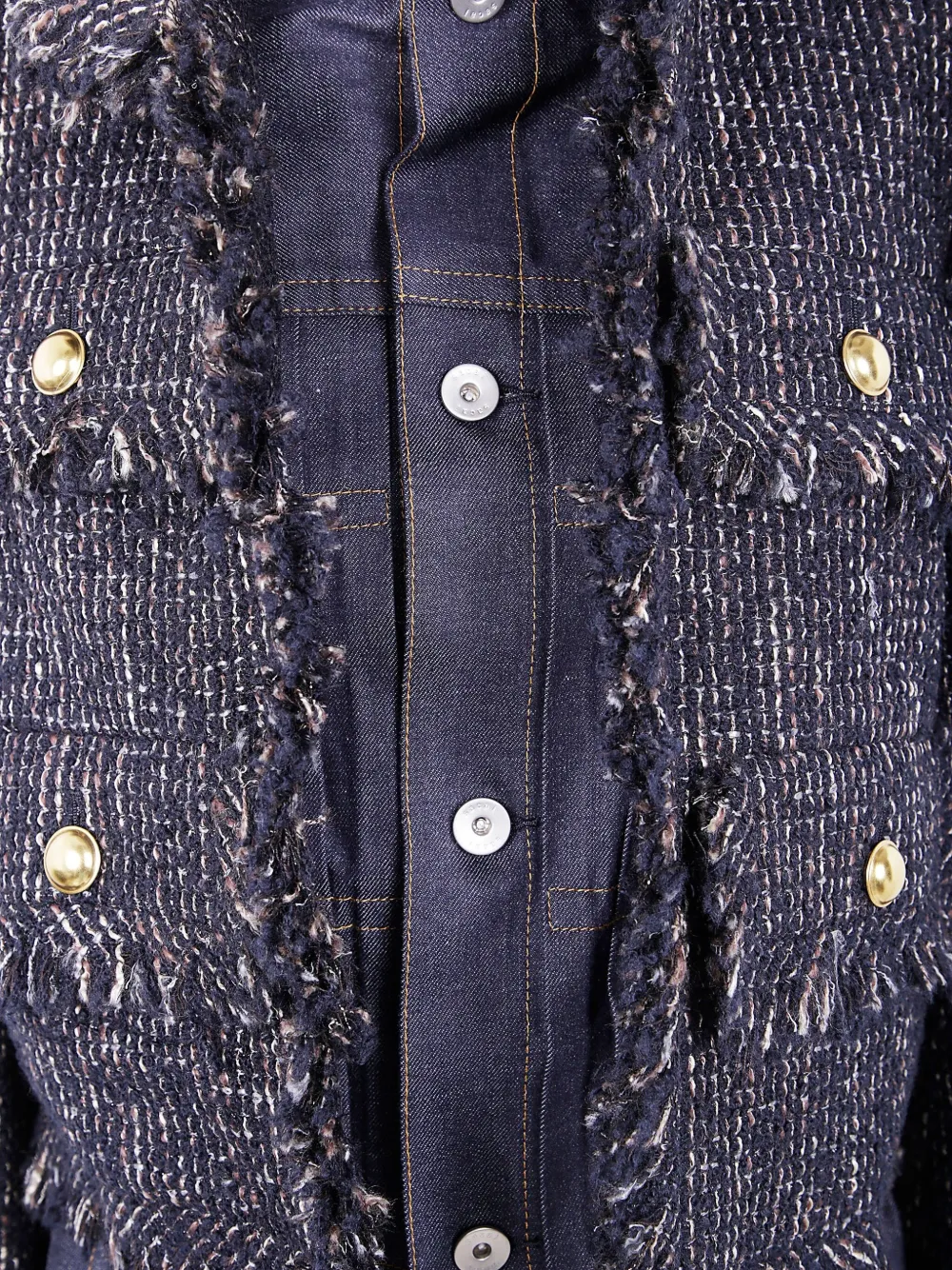 sacai tweed-panel denim jacket Blauw
