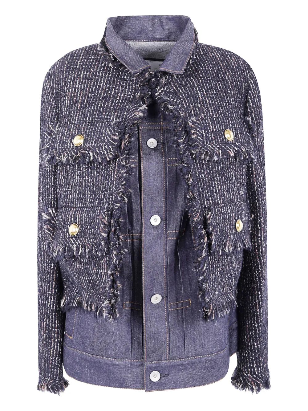 Sacai tweed-panel denim jacket Blauw