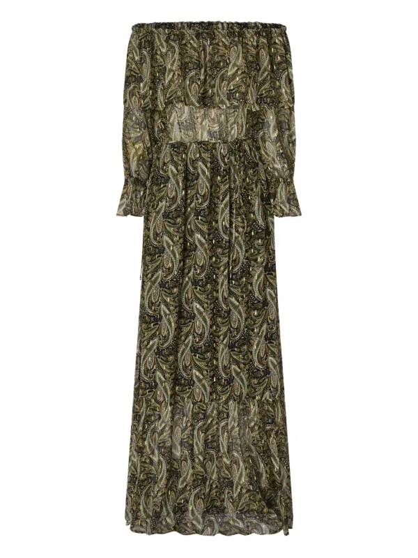 PINKO paisley-print off-shoulder Maxi Dress | Green | FARFETCH PINKO paisley-print off-shoulder Maxi Dress | Green | FARFETCH