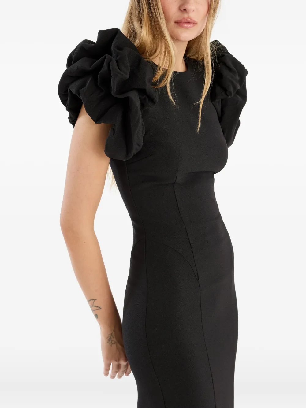 Rotate Birger Christensen Dramatic Midi Dress With Voluminous Ruffled Sleeves In Black