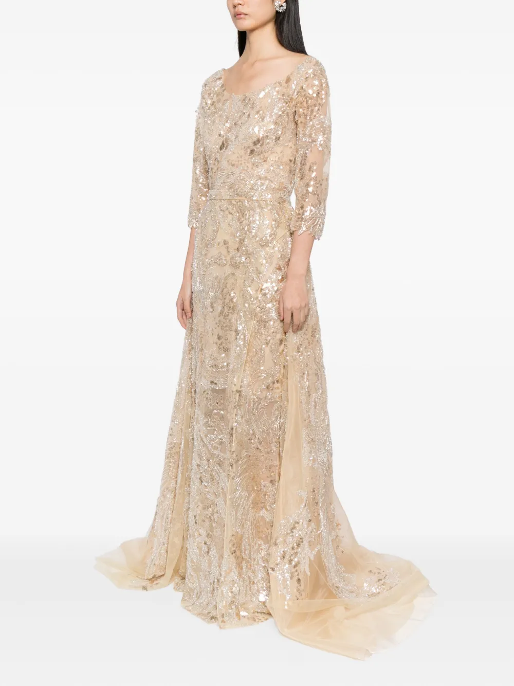 Saiid Kobeisy Jurk met geborduurde pailletten Beige
