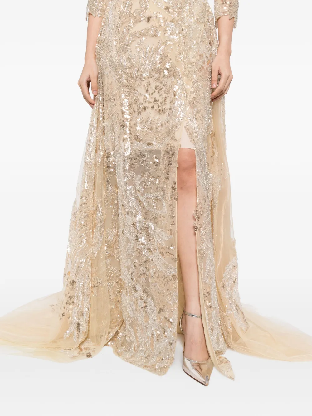 Saiid Kobeisy Jurk met geborduurde pailletten Beige