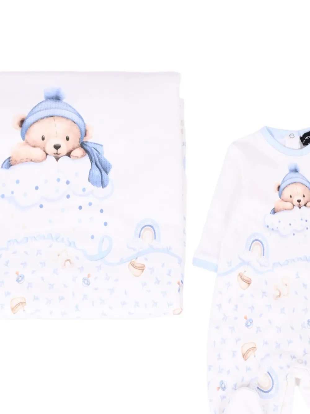Monnalisa Teddy Bear-print babygrow blanket set Wit