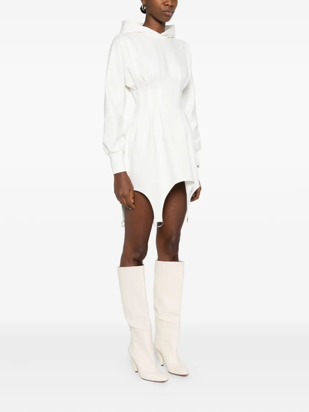 Hamza Hooded Waist-cinched Dress In White
