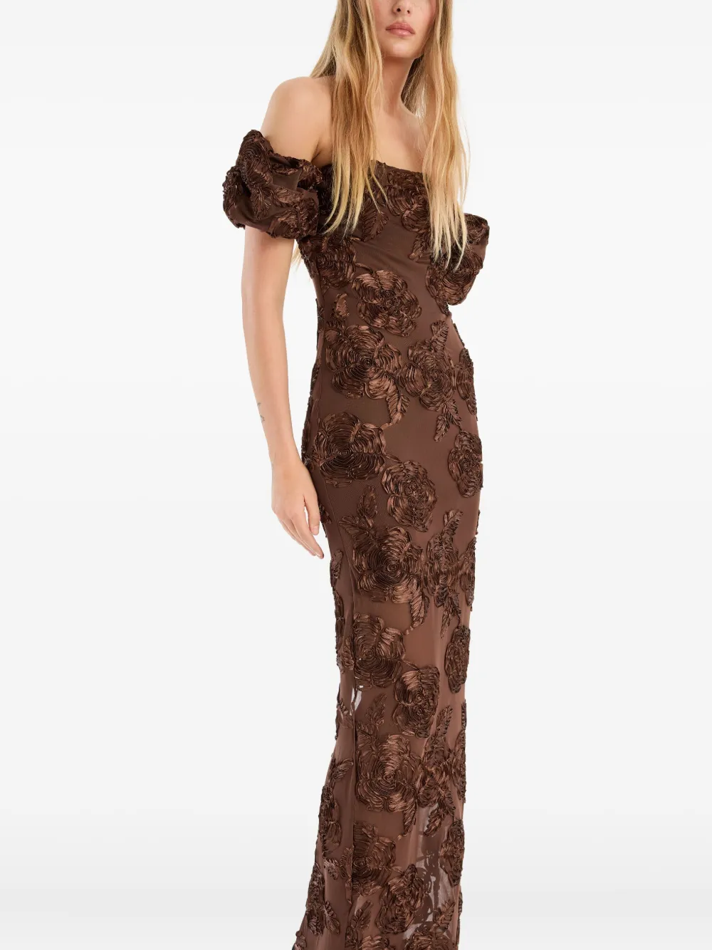 Rotate Birger Christensen Rotate Brown Long Dress With Embossed Flowers In Animal Print
