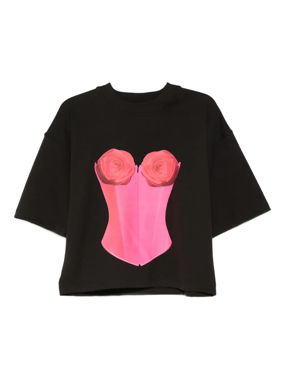 HAMZA Belle rose-corset print T-shirt Zwart