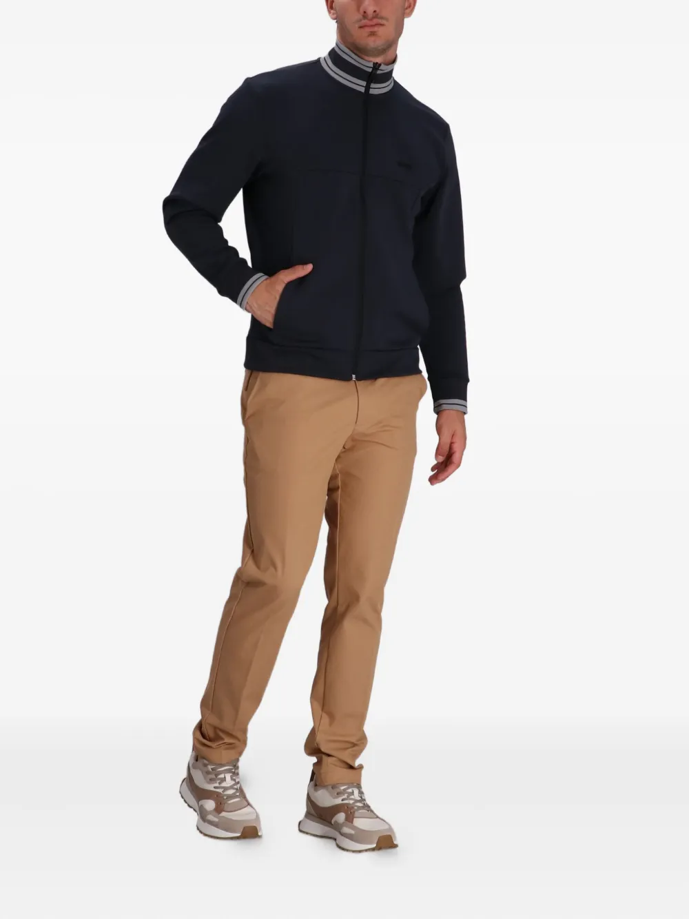 BOSS Trui met ritssluiting en geribbelde afwerking Blauw