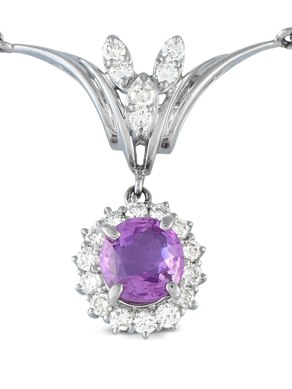 Pre-owned Lb Exclusive 18kt White Gold Halo Sapphire Necklace In Silver