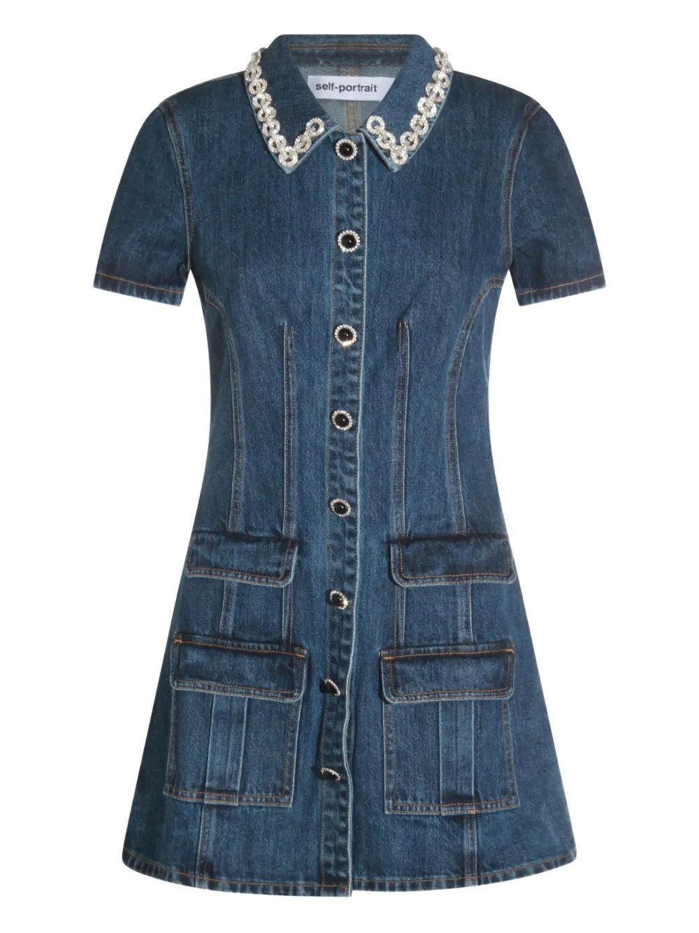 Self-Portrait embellished-pocket denim mini dress Blauw