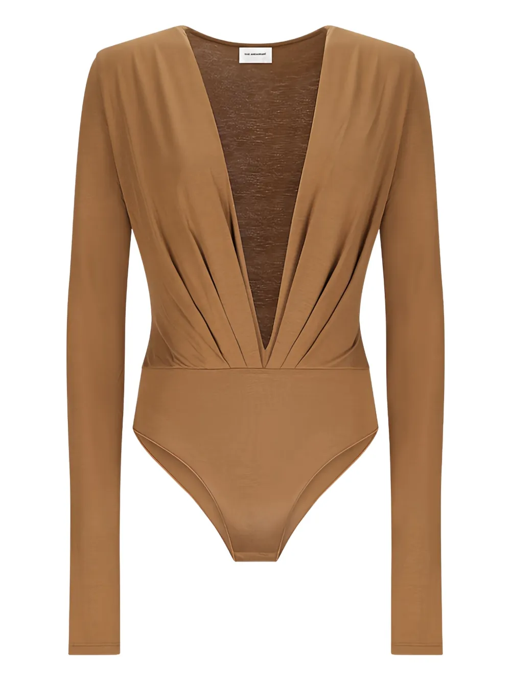 The Andamane Zelda Plunging-neckline Long-sleeve Bodysuit In Brown