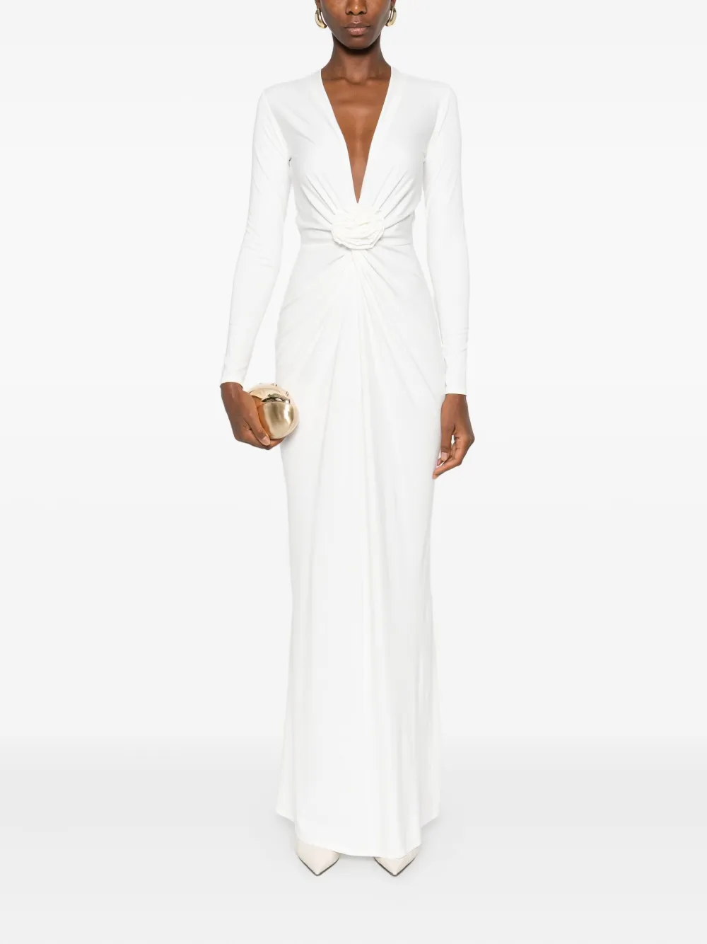 ROSERRY Mallorca maxi-jurk met gedraaide hals en lange mouwen - Wit