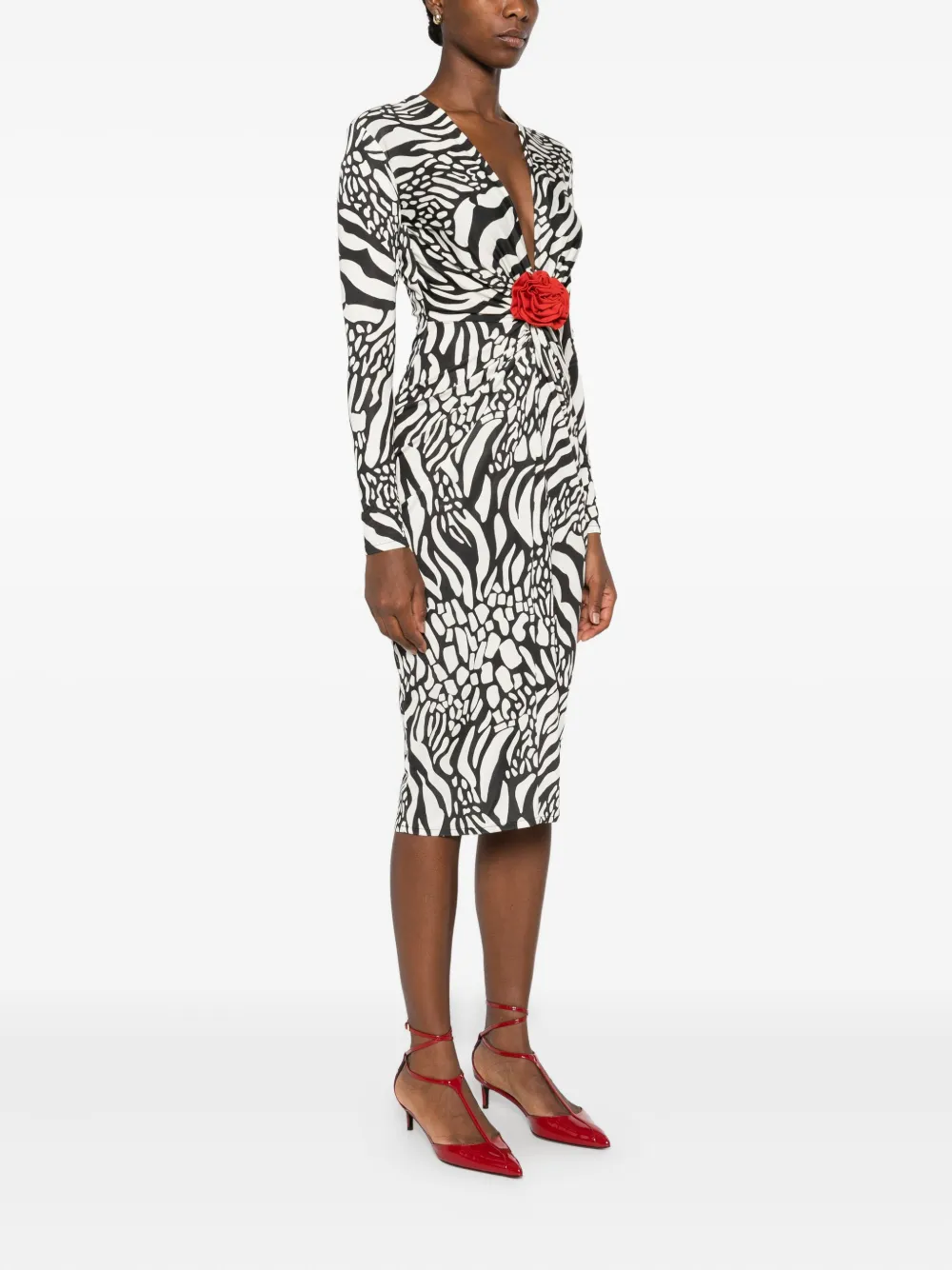 ROSERRY Mallorca midi-jurk verfraaid met rozen en met zebraprint Zwart