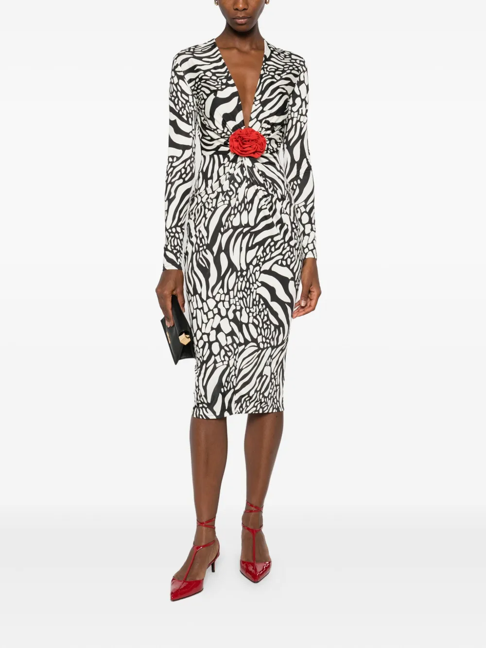 ROSERRY Malllorca rose-embellished zebra-print midi dress - Zwart