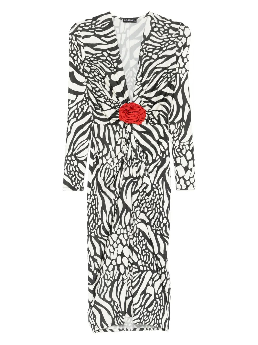 ROSERRY Mallorca midi-jurk verfraaid met rozen en met zebraprint Zwart