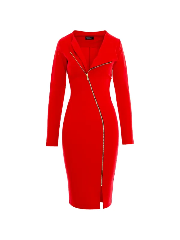 red front zipper dress Claire Long Zip Front Dress
