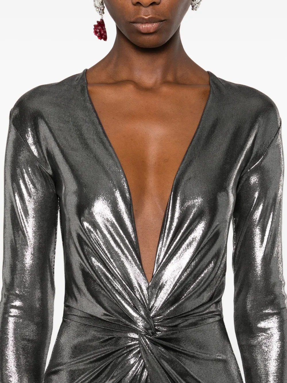 Roserry Twist-front Metallic-effect Maxi Dress In Silver