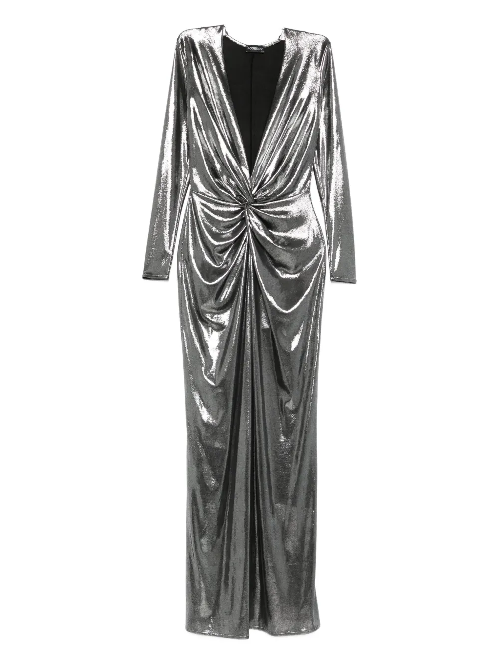 Roserry Twist-front Metallic-effect Maxi Dress In Silver