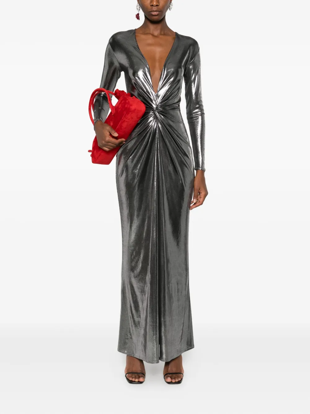 ROSERRY twist-front metallic-effect maxi dress - Zilver