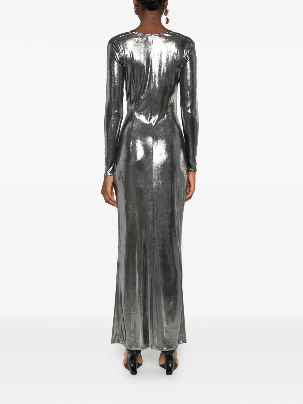 Roserry Twist-front Metallic-effect Maxi Dress In Silver