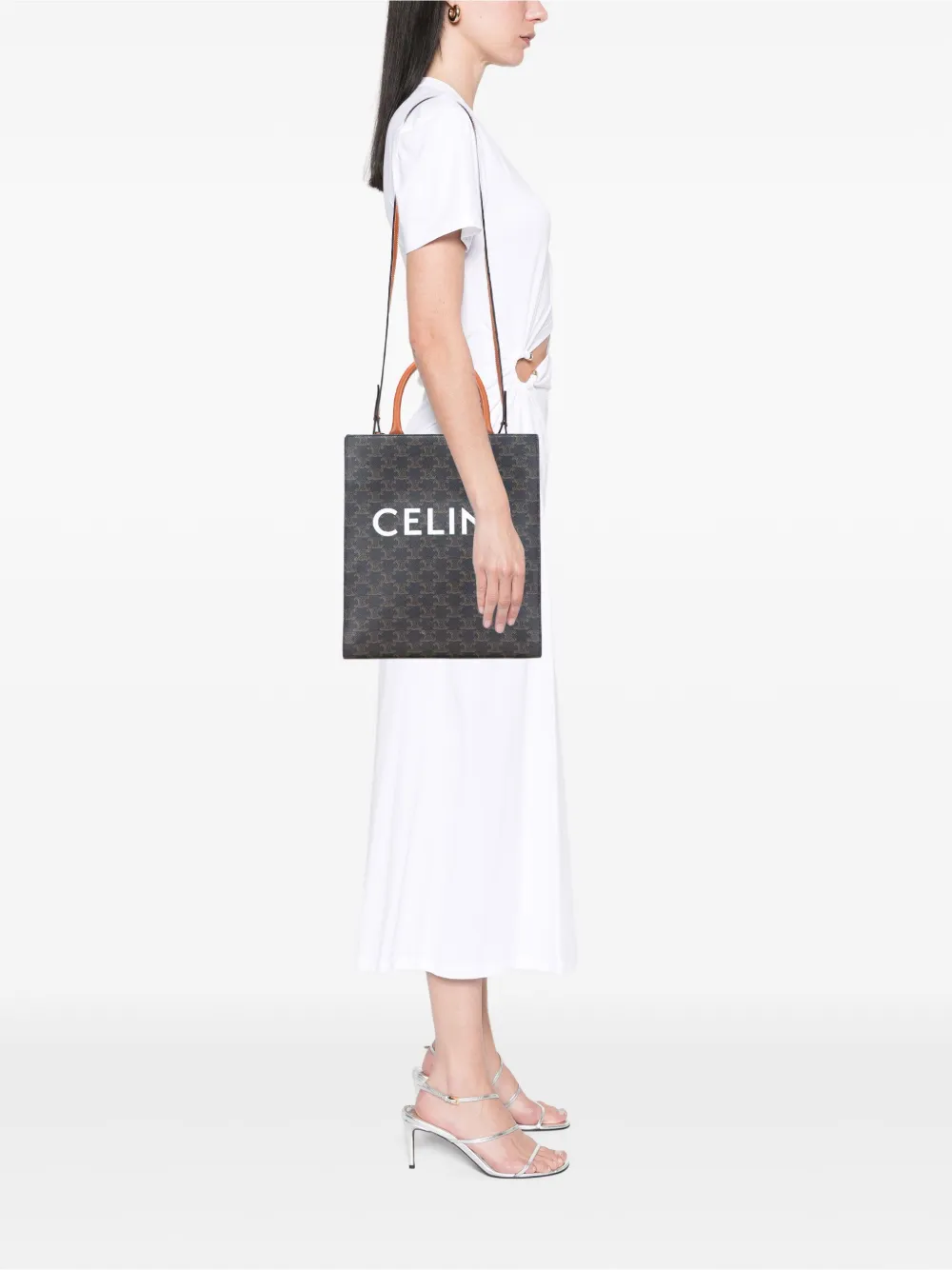 Pre-owned Celine 2021 Small Triomphe Coated Canvas Vertical Cabas Tote Satchel In Brown