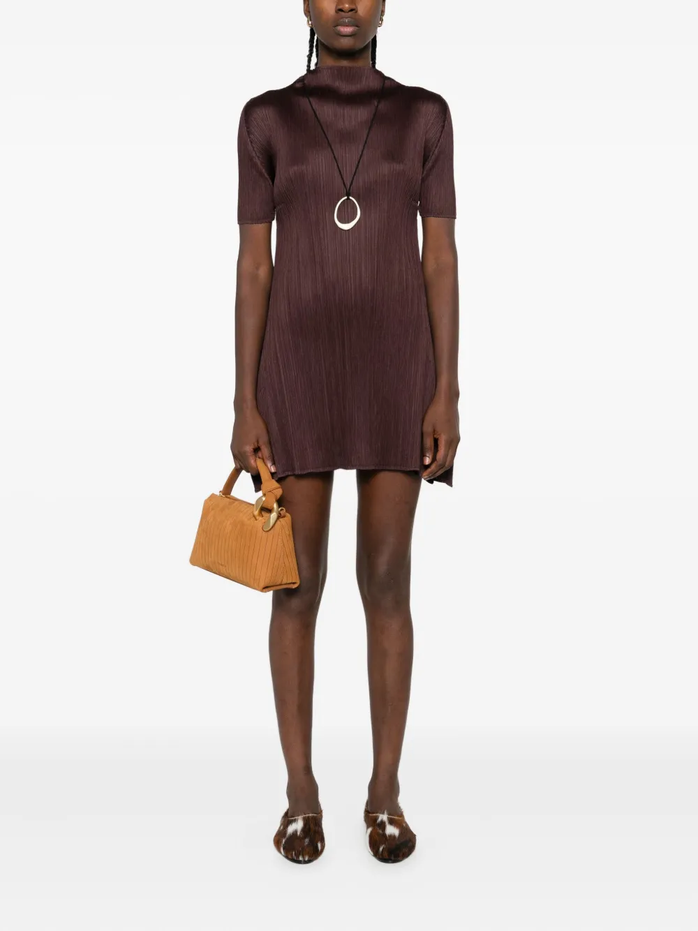 Pleats Please Issey Miyake pleated high-neck mini dress - Bruin