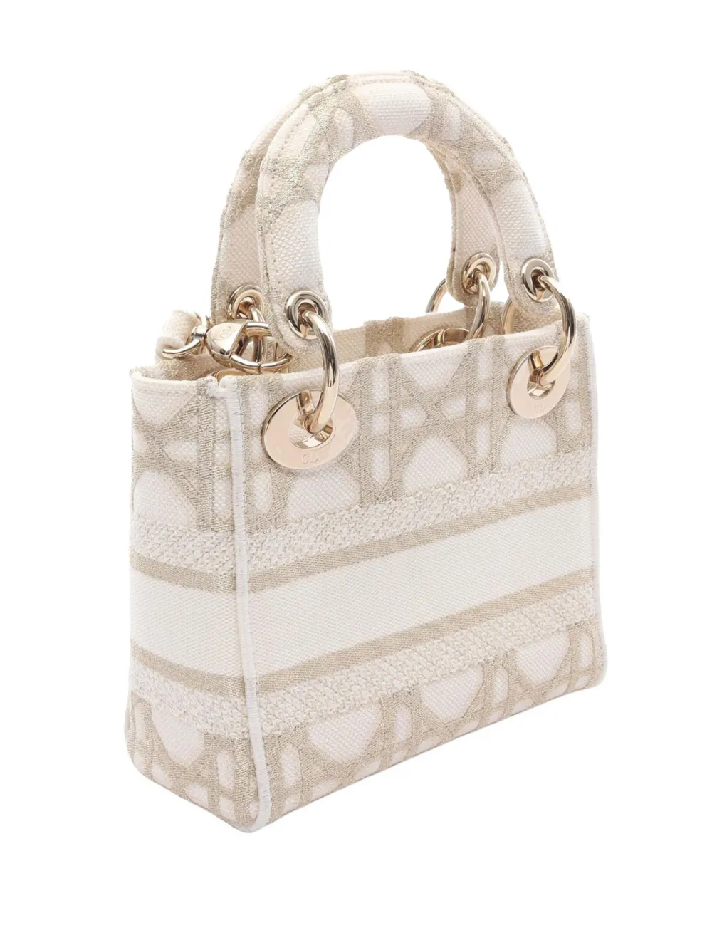 Pre-owned Dior 2021-2025 Mini Embroidered Canvas Cannage Lady D Lite Satchel In Gold