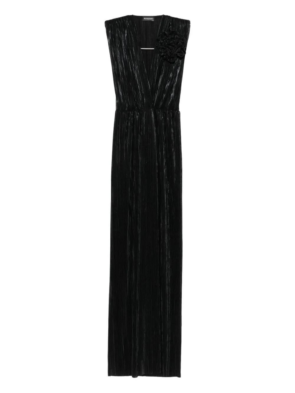Roserry Sicily Pleated Flower-embellished Maxi Dress In Black