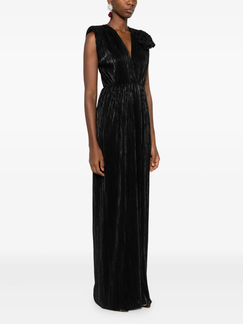 ROSERRY Sicily geplooide maxi-jurk verfraaid met bloemen Zwart