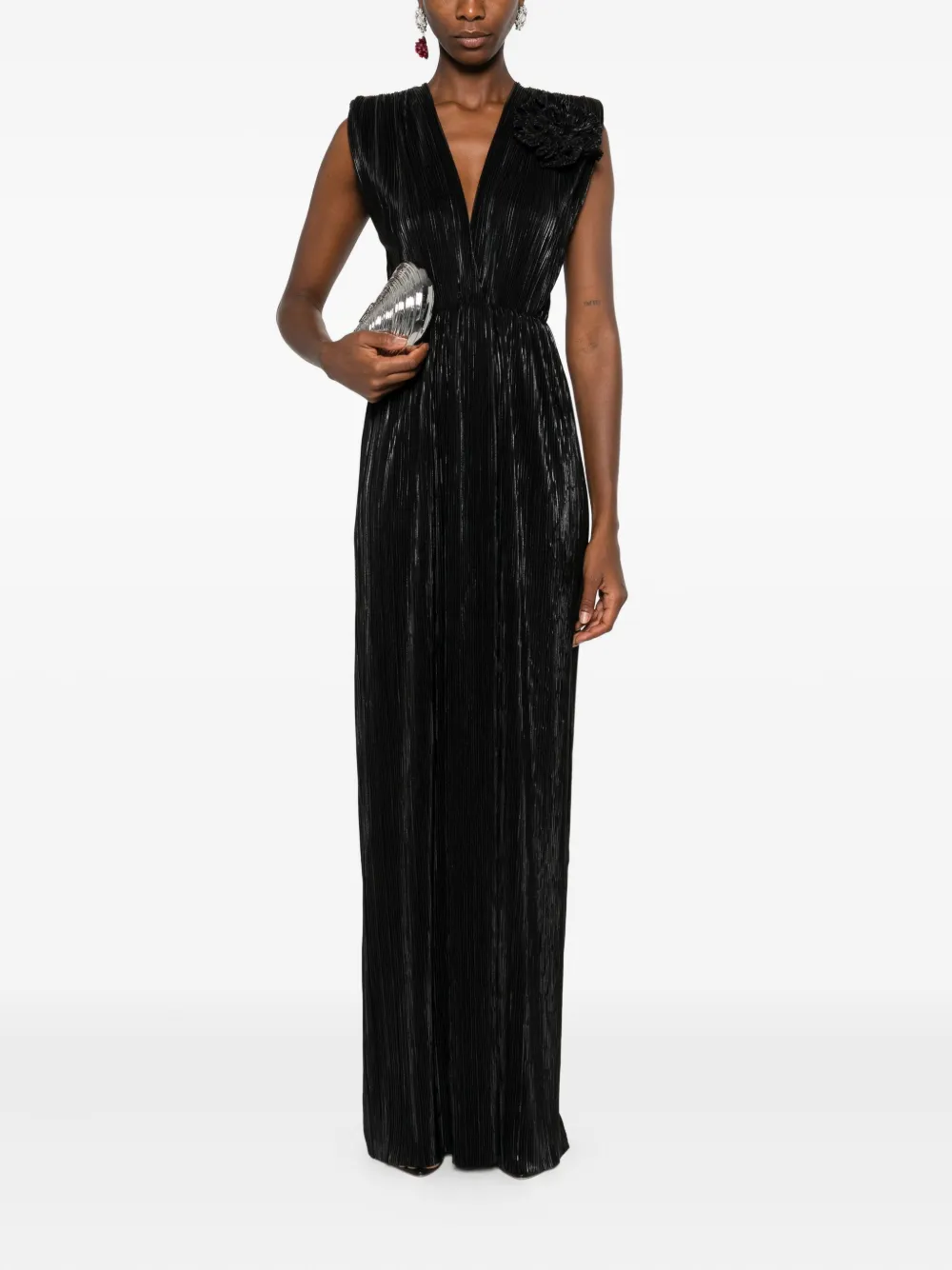 ROSERRY Sicily pleated flower-embellished maxi dress - Zwart