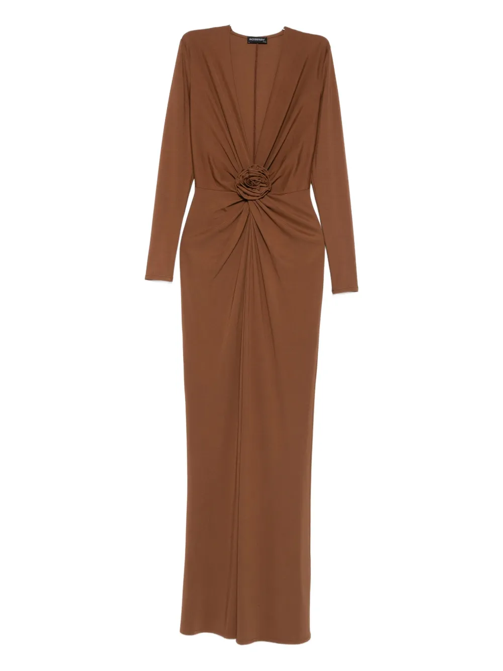 Roserry Rose-embellished Twist-front Midi Dress In Brown
