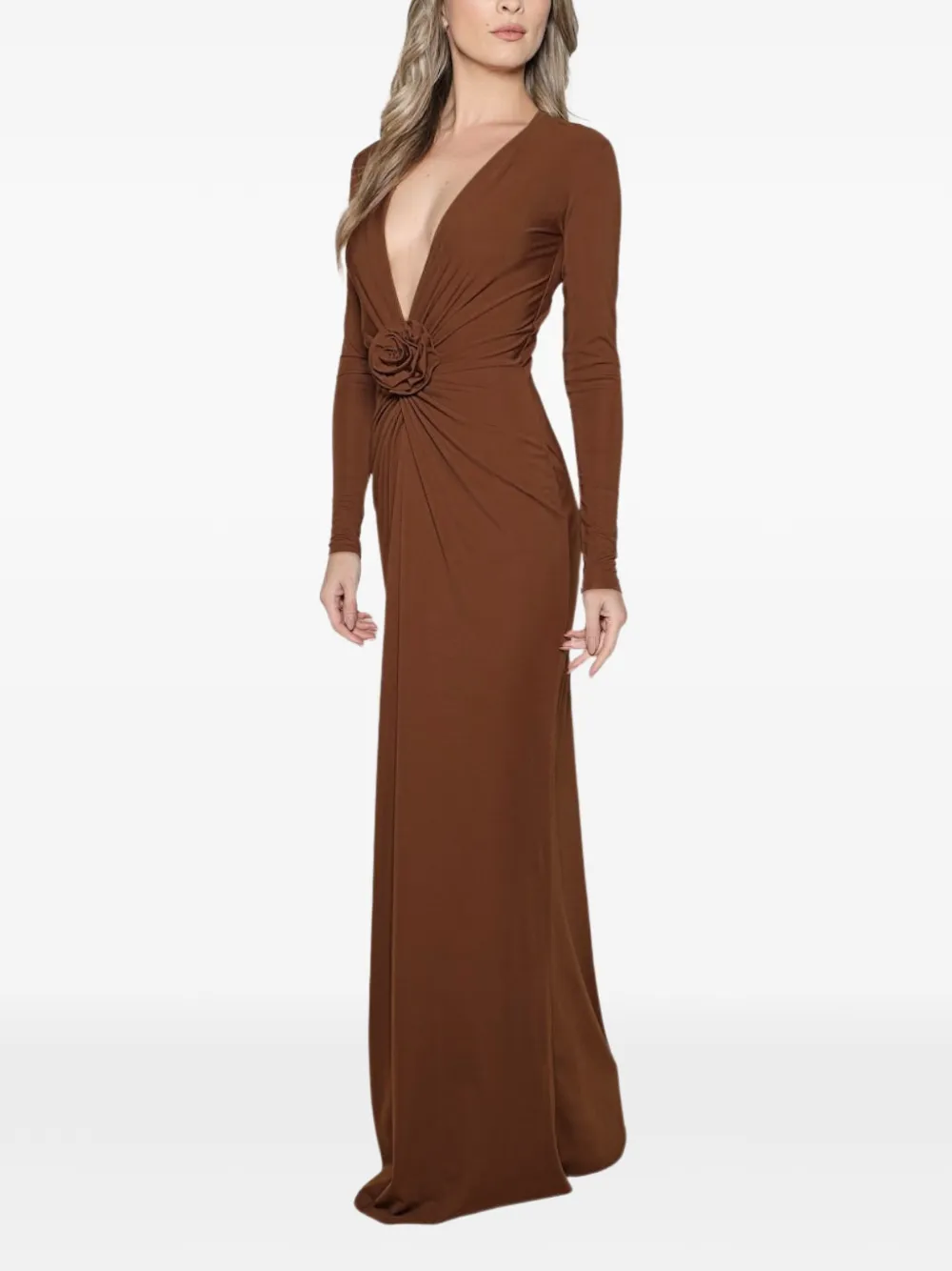  Roserry Mallorca Rose-embellished Twist-front Midi Dress - Brown 