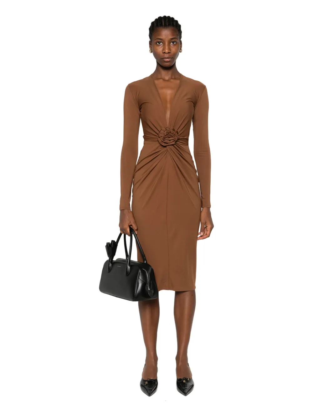 ROSERRY rose-embellished twist-front midi dress - Bruin