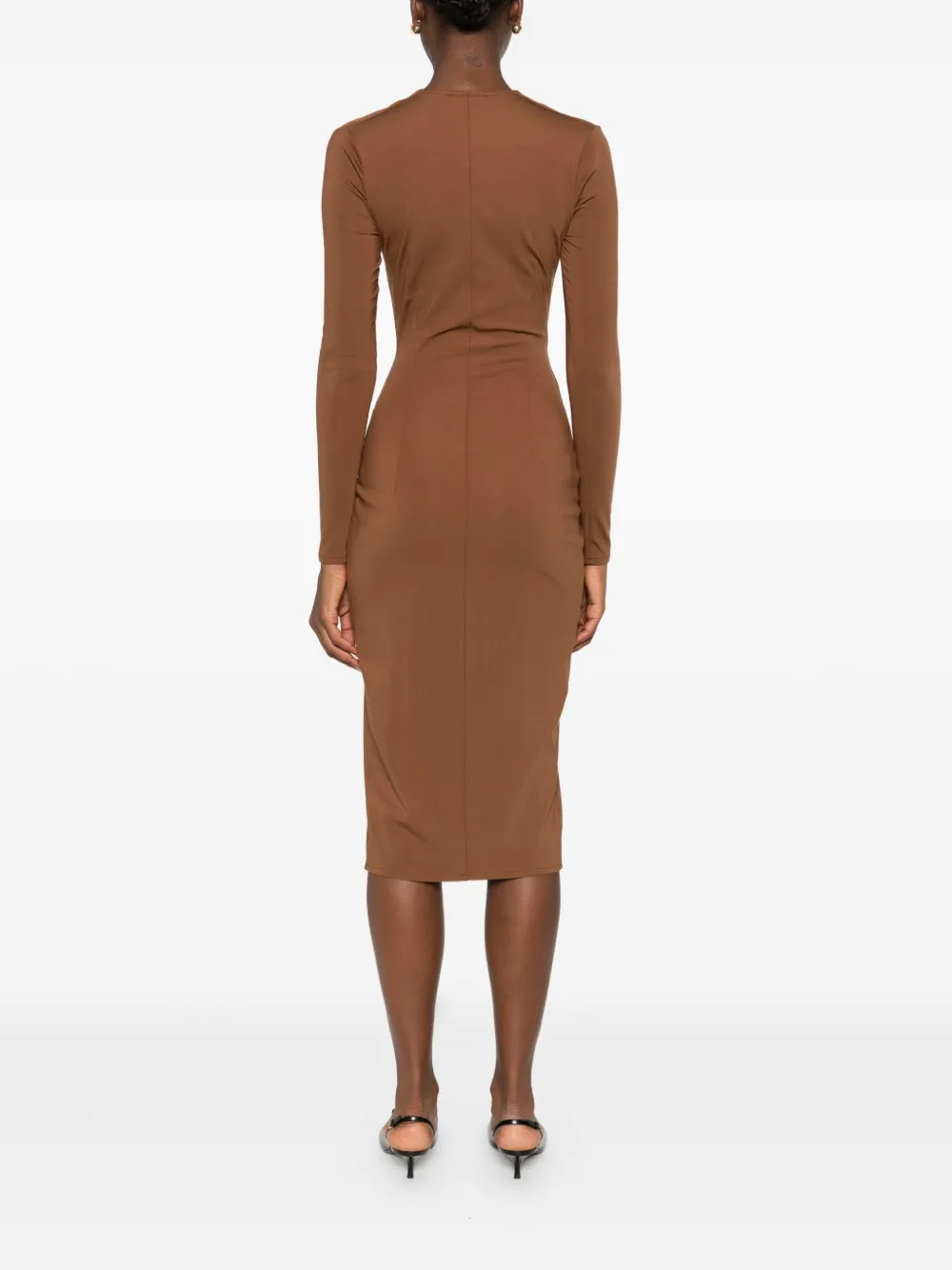 Roserry Rose-embellished Twist-front Midi Dress In Brown