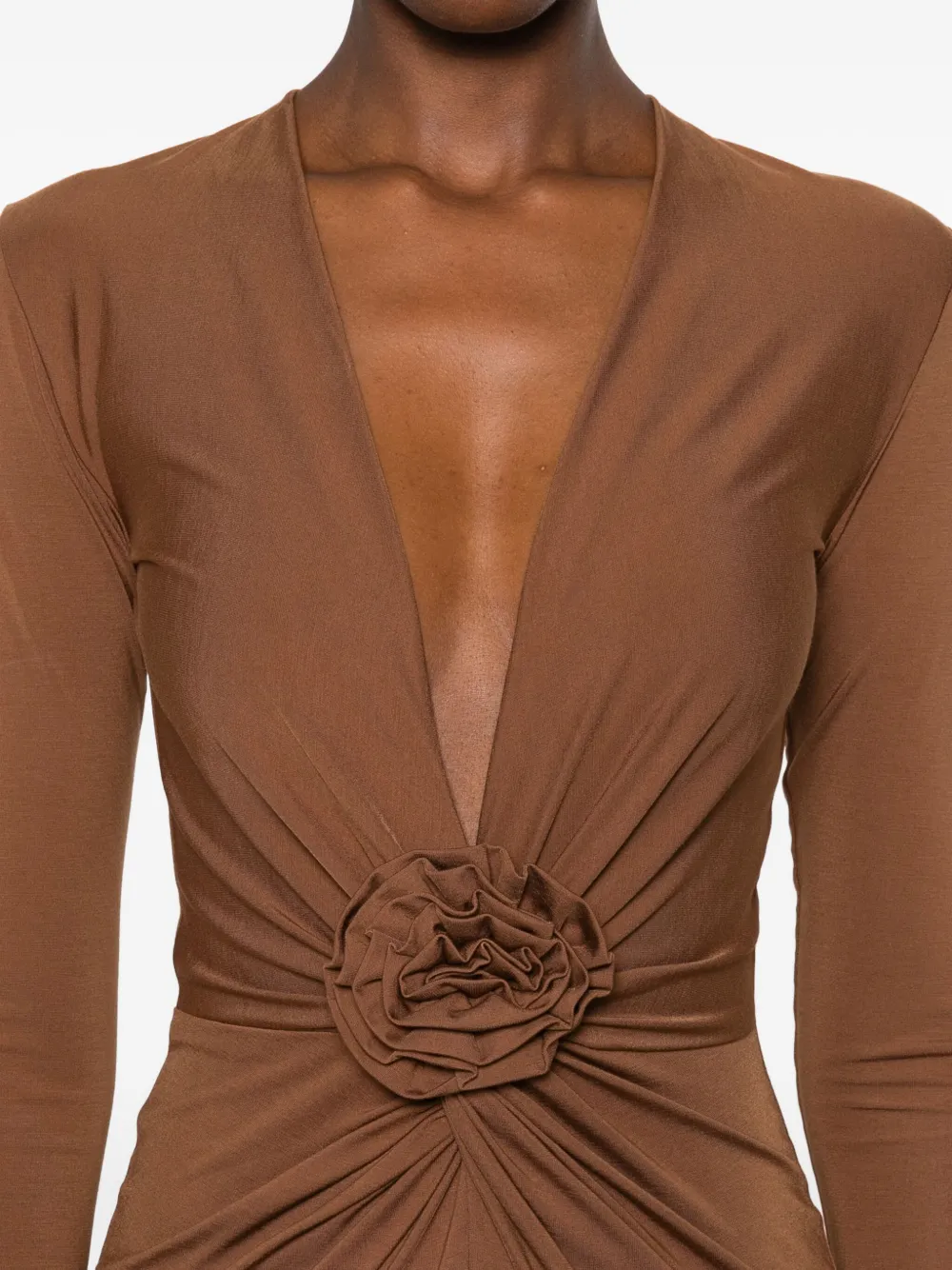 Roserry Rose-embellished Twist-front Midi Dress In Brown